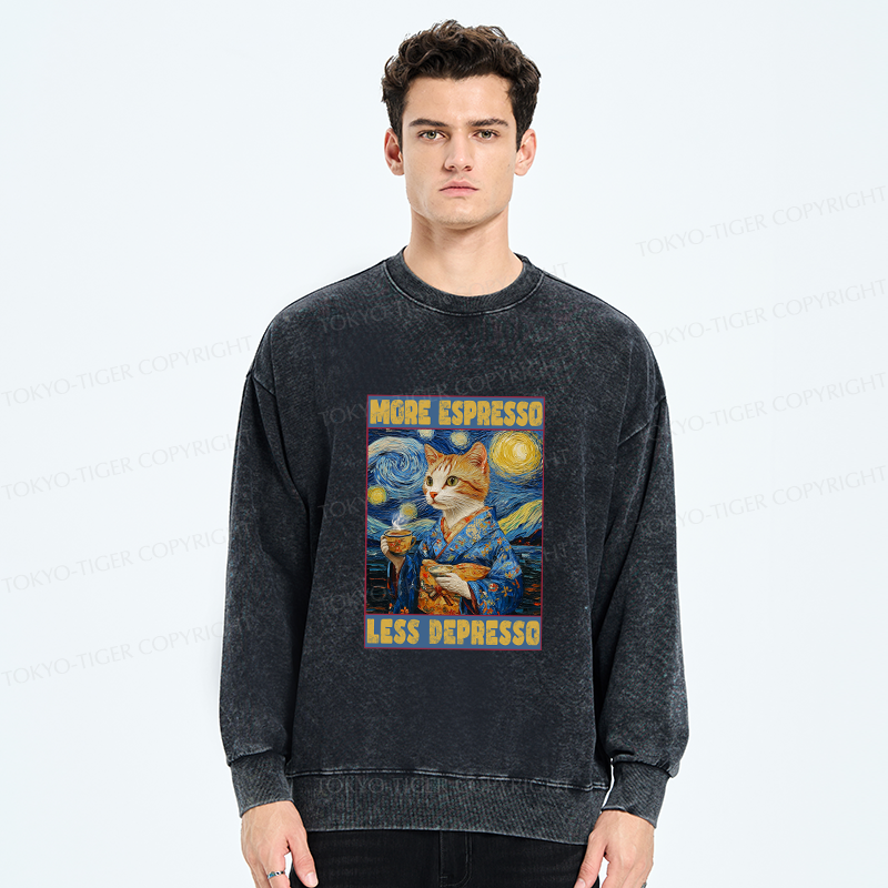Tokyo-Tiger Funny More Espresso Less Depresso Washed Sweatshirt
