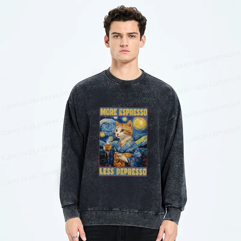 Tokyo-Tiger Funny More Espresso Less Depresso Washed Sweatshirt