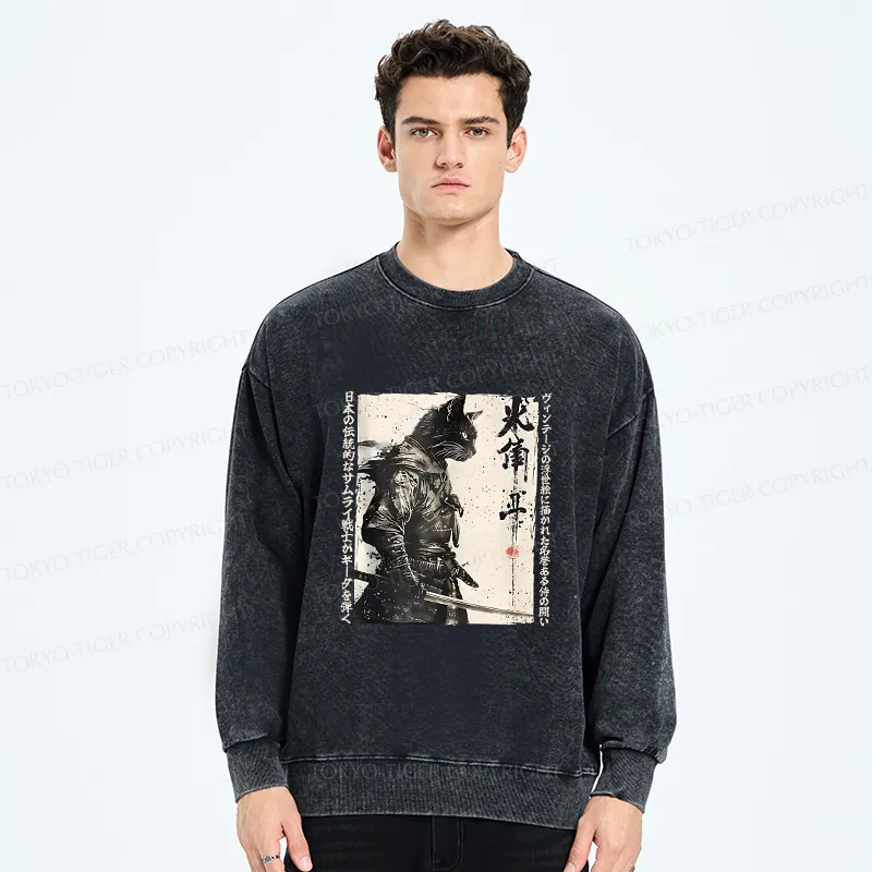 Tokyo-Tiger Cat Samurai Retro Washed Sweatshirt