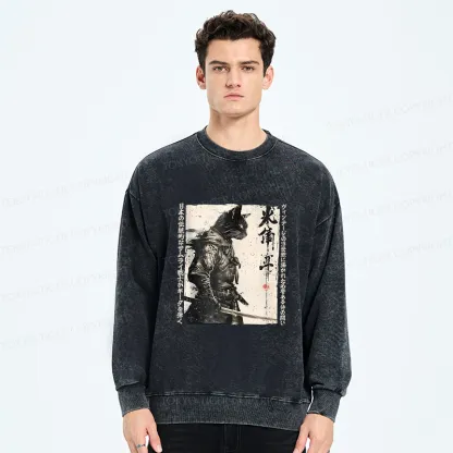 Tokyo-Tiger Cat Samurai Retro Washed Sweatshirt