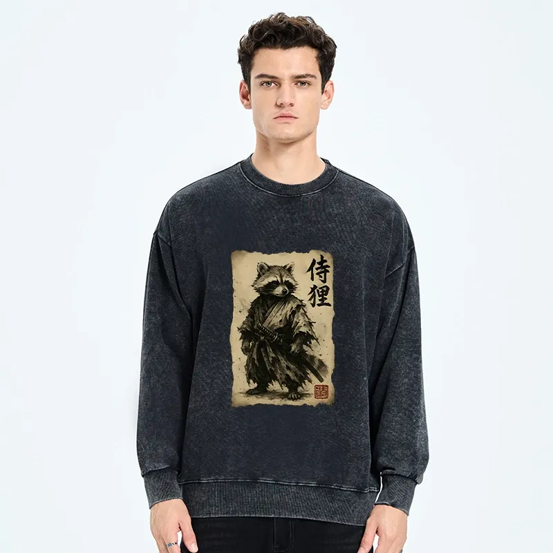 Tokyo-Tiger Retro Raccoon Samurai Washed Sweatshirt