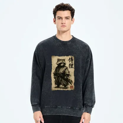 Tokyo-Tiger Retro Raccoon Samurai Washed Sweatshirt