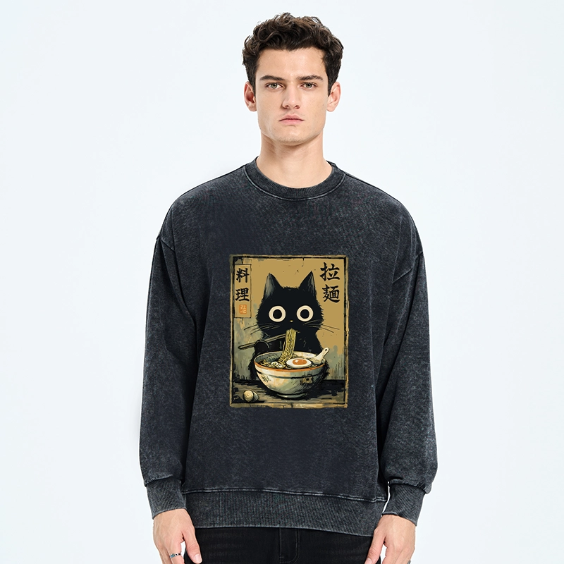 Tokyo-Tiger Cute Black Cat Eating Ramen Japan Washed Sweatshirt