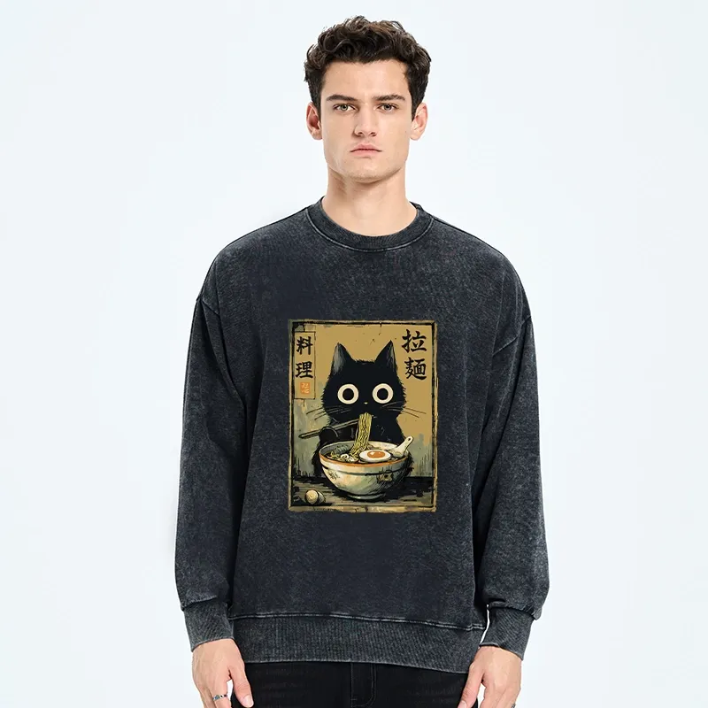 Tokyo-Tiger Cute Black Cat Eating Ramen Japan Washed Sweatshirt