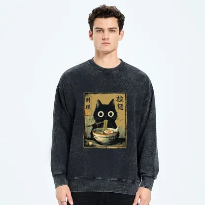Tokyo-Tiger Cute Black Cat Eating Ramen Japan Washed Sweatshirt