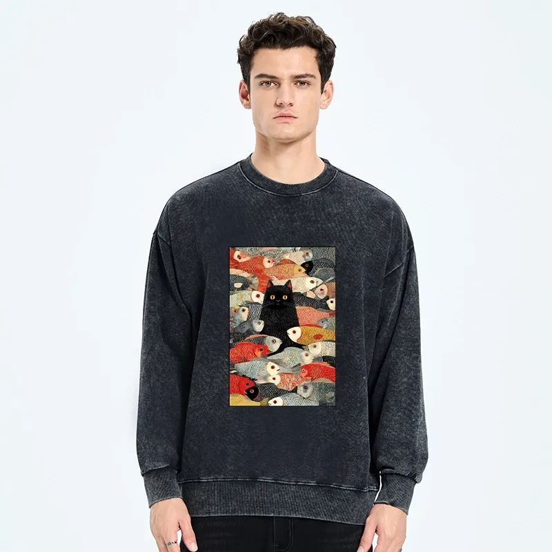 Tokyo-Tiger Cats And Fish Washed Sweatshirt