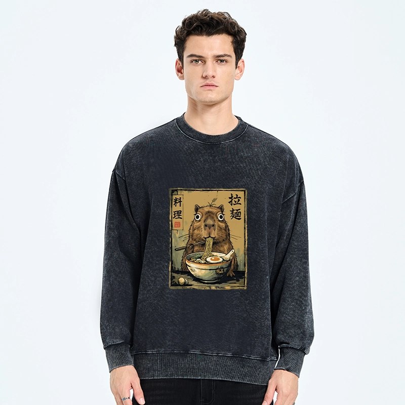 Tokyo-Tiger Cute Capybara Eating Ramen Washed Sweatshirt