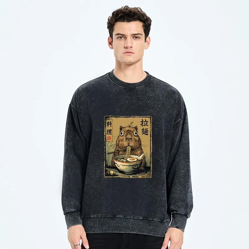 Tokyo-Tiger Cute Capybara Eating Ramen Washed Sweatshirt