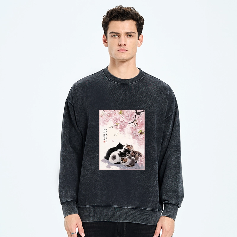 Tokyo-Tiger Cute Cats Sakura Garden Washed Sweatshirt