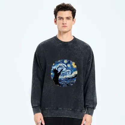 Tokyo-Tiger Starry Night Black Cat Washed Sweatshirt