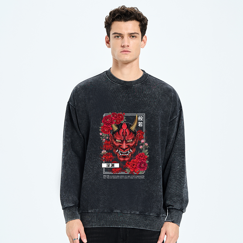 Tokyo-Tiger Cool Oni Floral Art Washed Sweatshirt