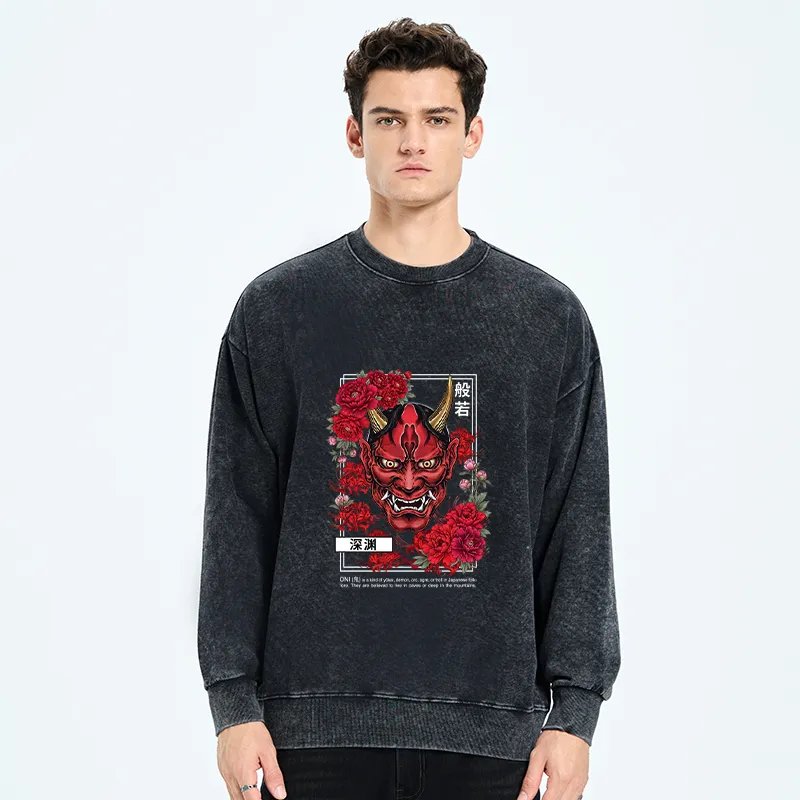 Tokyo-Tiger Cool Oni Floral Art Washed Sweatshirt