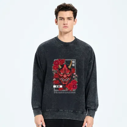 Tokyo-Tiger Cool Oni Floral Art Washed Sweatshirt