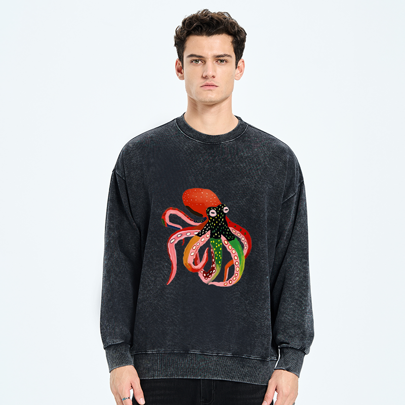 Tokyo-Tiger Colorful Octopus Art Washed Sweatshirt