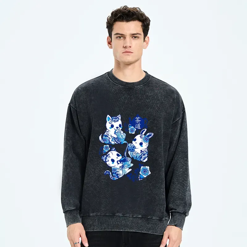 Tokyo-Tiger Blue And White Porcelain Washed Sweatshirt