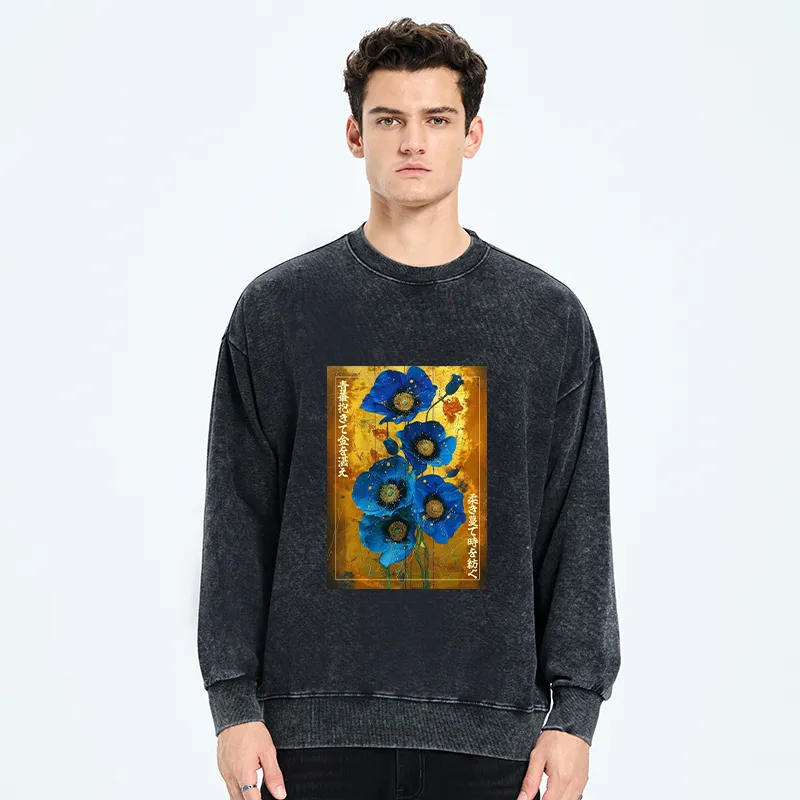 Tokyo-Tiger Shiny Blue Flower Warm Golden Background Washed Sweatshirt