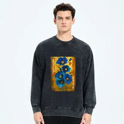 Tokyo-Tiger Shiny Blue Flower Warm Golden Background Washed Sweatshirt