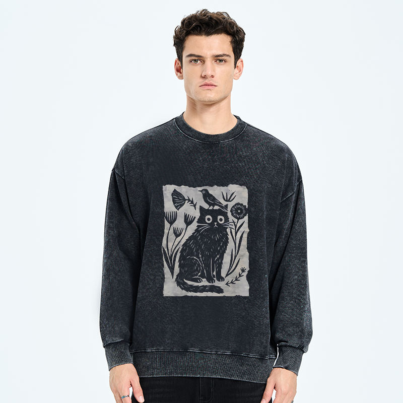 Tokyo-Tiger Folk Paper Cut Cat Bird Floral Art Washed Sweatshirt