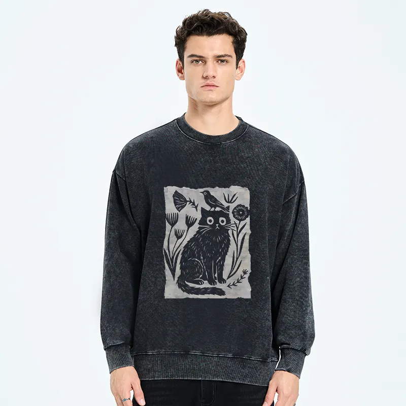 Tokyo-Tiger Folk Paper Cut Cat Bird Floral Art Washed Sweatshirt