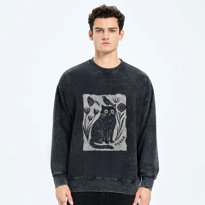 Tokyo-Tiger Folk Paper Cut Cat Bird Floral Art Washed Sweatshirt