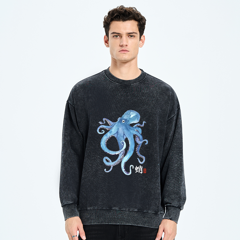Tokyo-Tiger Watercolor Blue Octopus Washed Sweatshirt