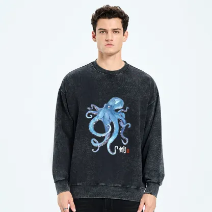 Tokyo-Tiger Watercolor Blue Octopus Washed Sweatshirt
