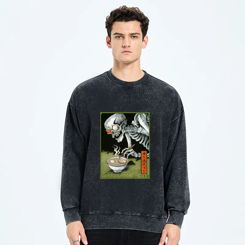 Tokyo-Tiger Ukiyo-e Skeleton Eating Ramen Washed Sweatshirt