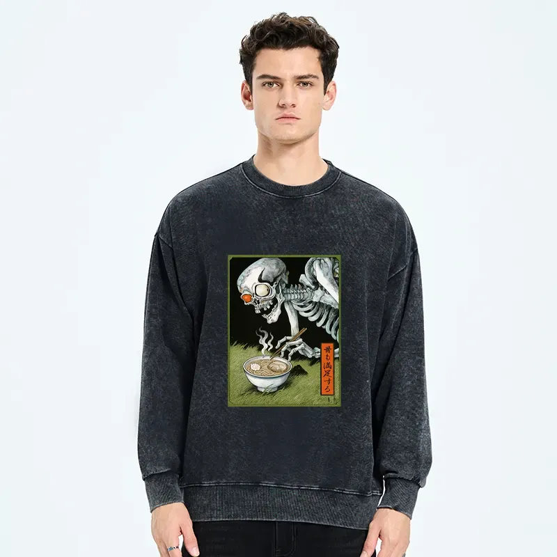 Tokyo-Tiger Ukiyo-e Skeleton Eating Ramen Washed Sweatshirt