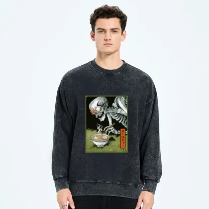 Tokyo-Tiger Ukiyo-e Skeleton Eating Ramen Washed Sweatshirt