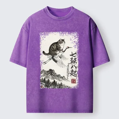 Tokyo-Tiger Funny Cat Riding Crane Art Washed T-Shirt