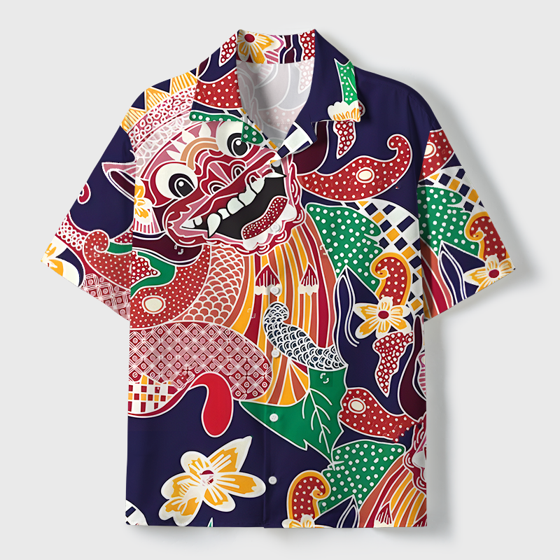 Tokyo-Tiger Japanese Demon Mask Cuban Collar Shirt