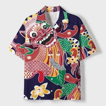 Tokyo-Tiger Japanese Demon Mask Cuban Collar Shirt