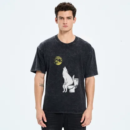 Tokyo-Tiger Wolf Howling At Moon On Toilet Washed T-Shirt