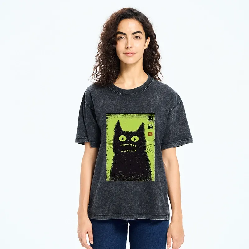 Tokyo-Tiger Spooky Black Cat Japanese Washed T-Shirt