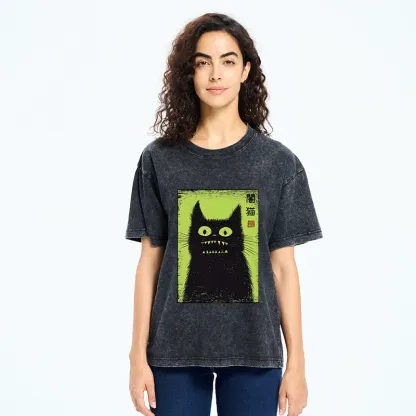 Tokyo-Tiger Spooky Black Cat Japanese Washed T-Shirt