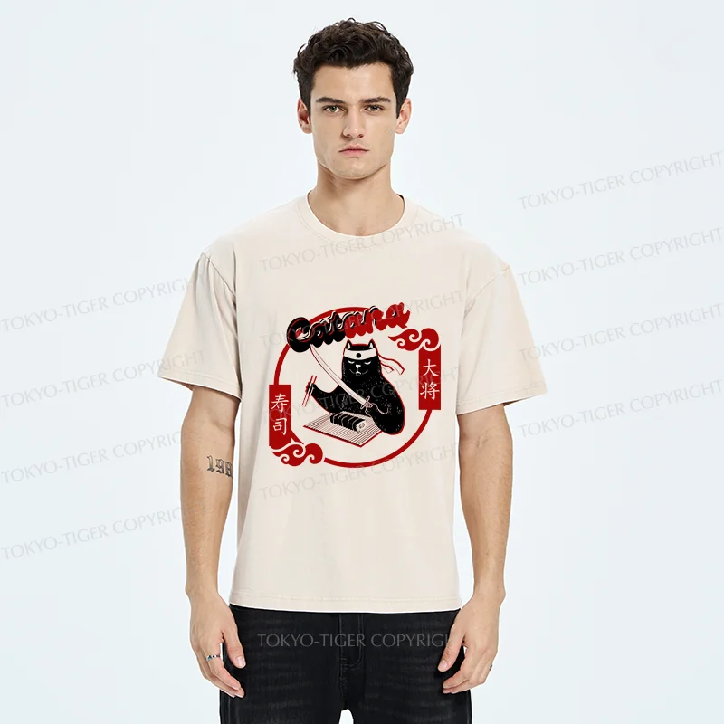 Tokyo-Tiger Cat Sushi Chef Washed T-Shirt