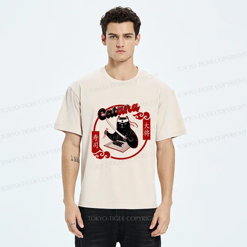Tokyo-Tiger Cat Sushi Chef Washed T-Shirt