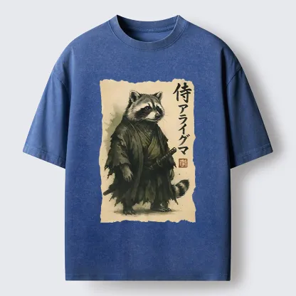 Tokyo-Tiger Japanese Samurai Raccoon Art Washed T-Shirt