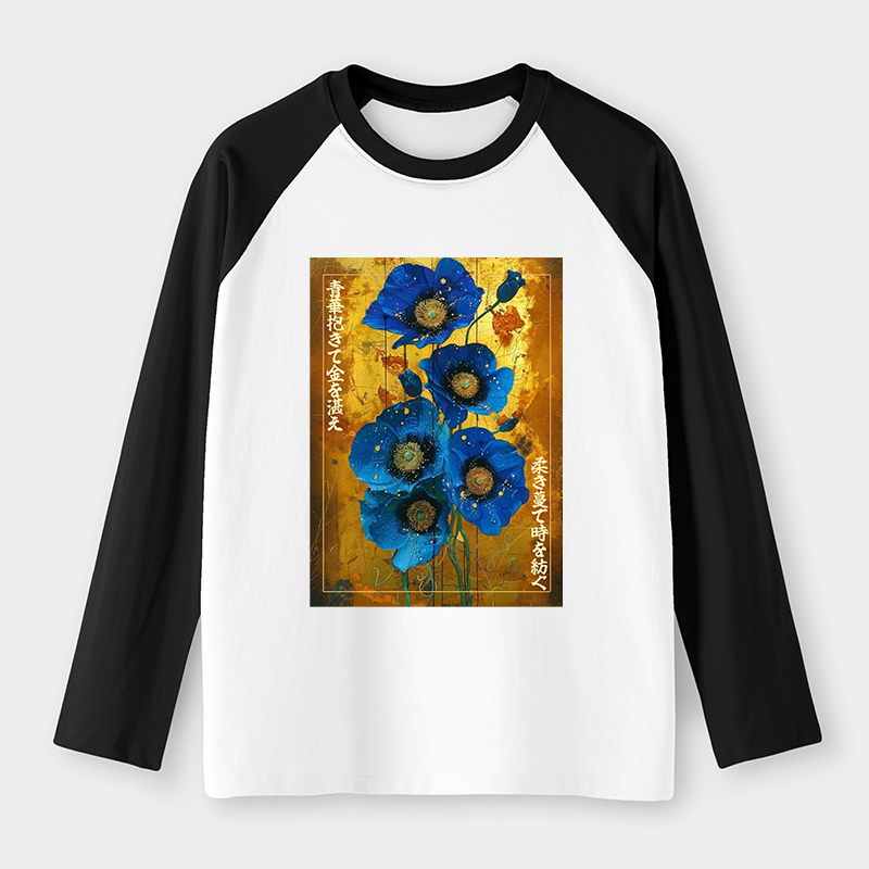 Tokyo-Tiger Shiny Blue Flower Warm Golden Background Raglan Long Sleeve T-shirt