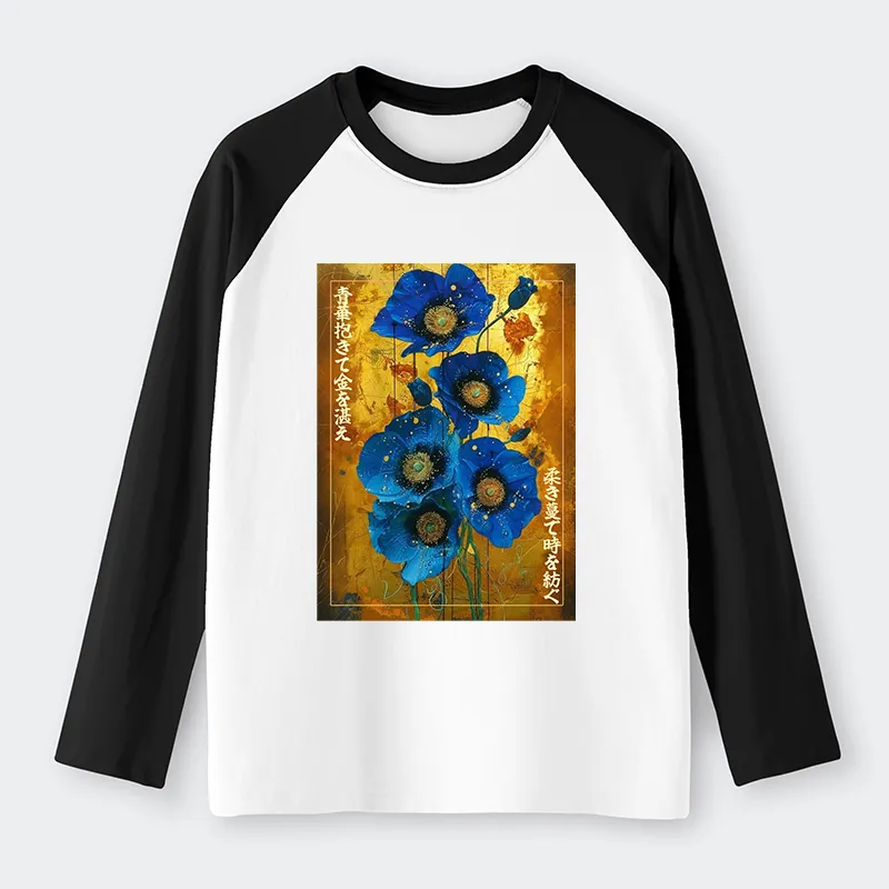 Tokyo-Tiger Shiny Blue Flower Warm Golden Background Raglan Long Sleeve T-shirt