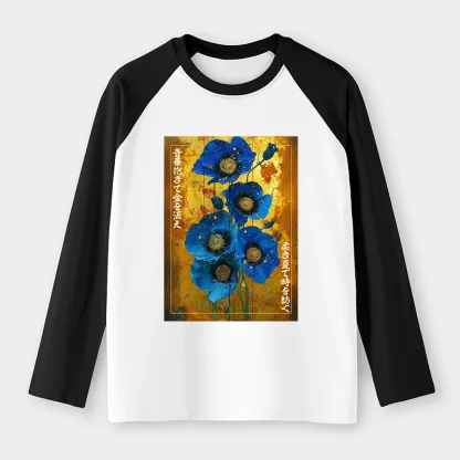 Tokyo-Tiger Shiny Blue Flower Warm Golden Background Raglan Long Sleeve T-shirt