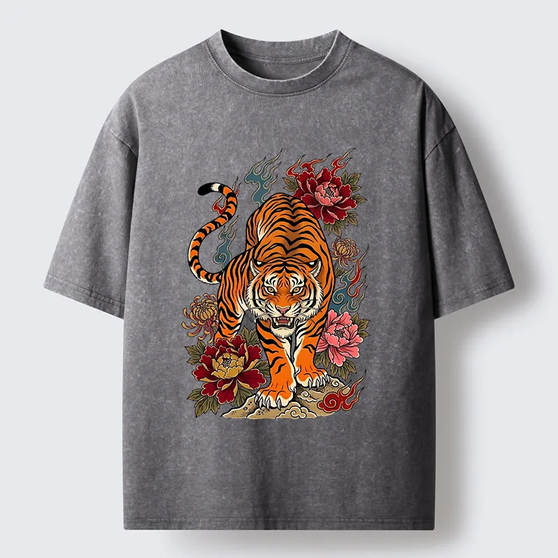 Tokyo-Tiger Floral Tiger Art Washed T-Shirt