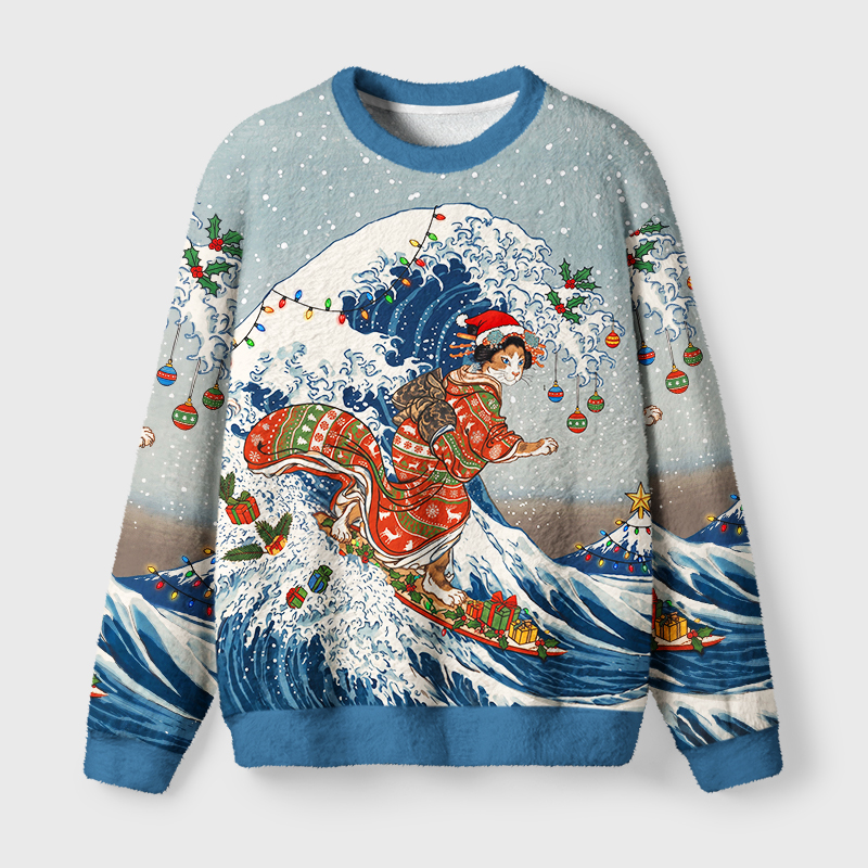 Tokyo-Tiger Cat Riding The Ukiyo-E Wave Fuzzy Christmas Ugly Sweatshirt