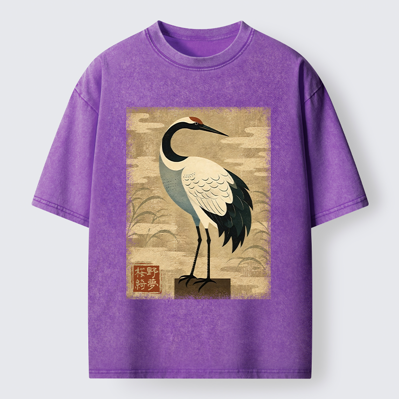 Tokyo-Tiger Elegant Japanese Crane Washed T-Shirt