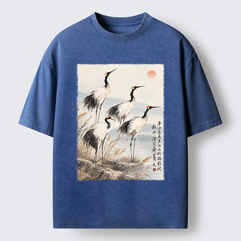 Tokyo‑Tiger Vintage Oriental Crane Art Washed T‑Shirt Sale