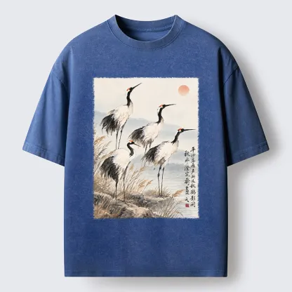 Tokyo-Tiger Vintage Oriental Crane Art Washed T-Shirt
