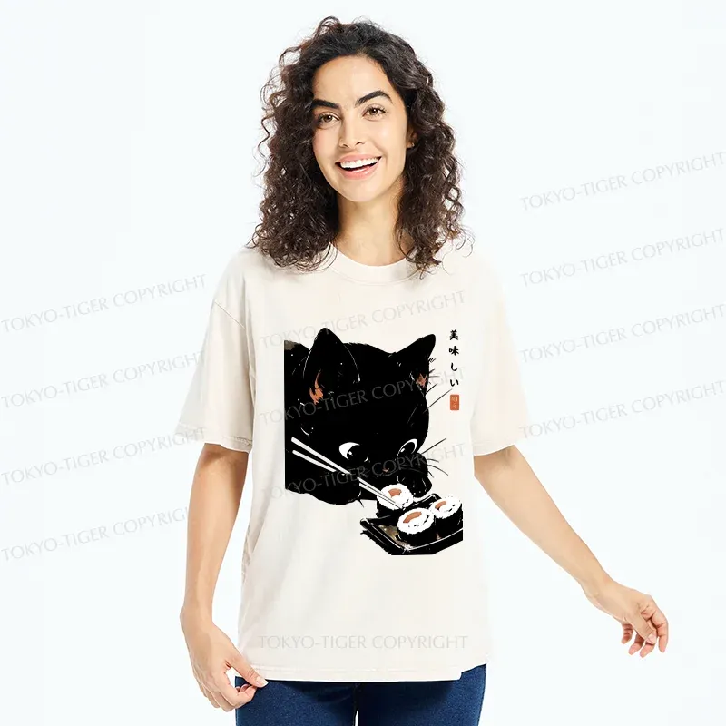 Tokyo-Tiger Cat Eating Rice Balls Washed T-Shirt