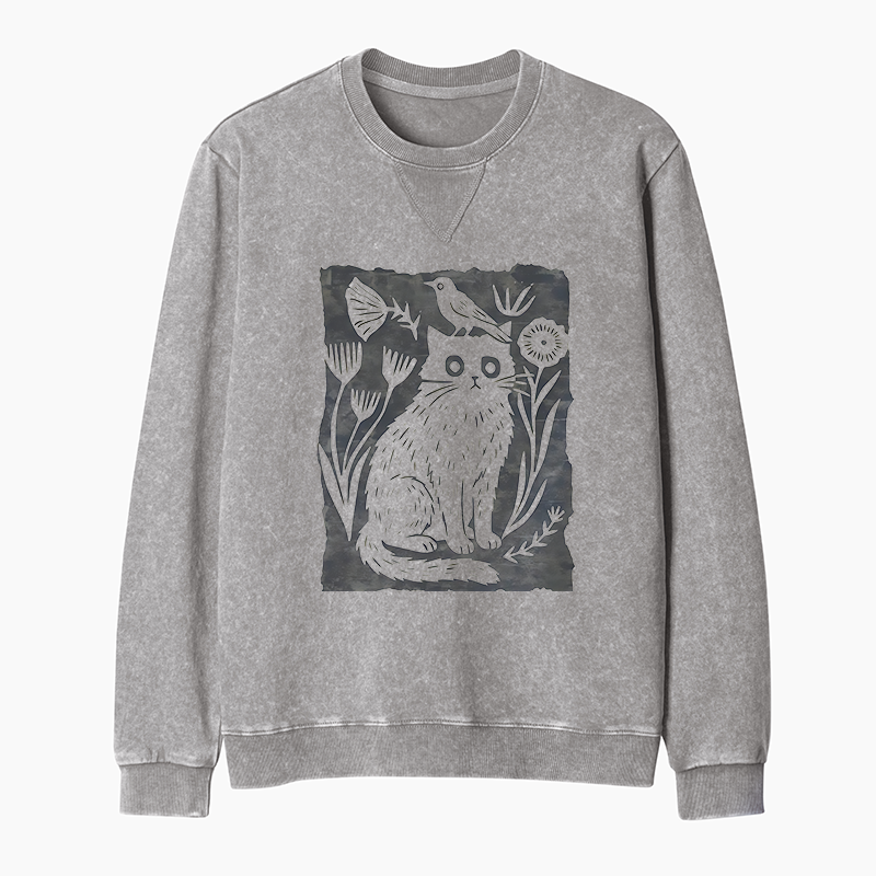 Tokyo-Tiger Folk Paper Cut Cat Bird Floral Art Washed Terry Sweatshirt