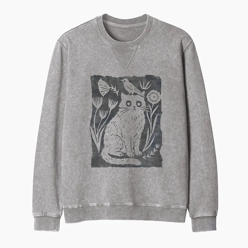 Tokyo-Tiger Folk Paper Cut Cat Bird Floral Art Washed Terry Sweatshirt