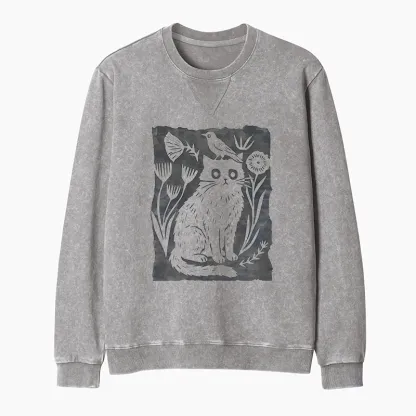 Tokyo-Tiger Folk Paper Cut Cat Bird Floral Art Washed Terry Sweatshirt
